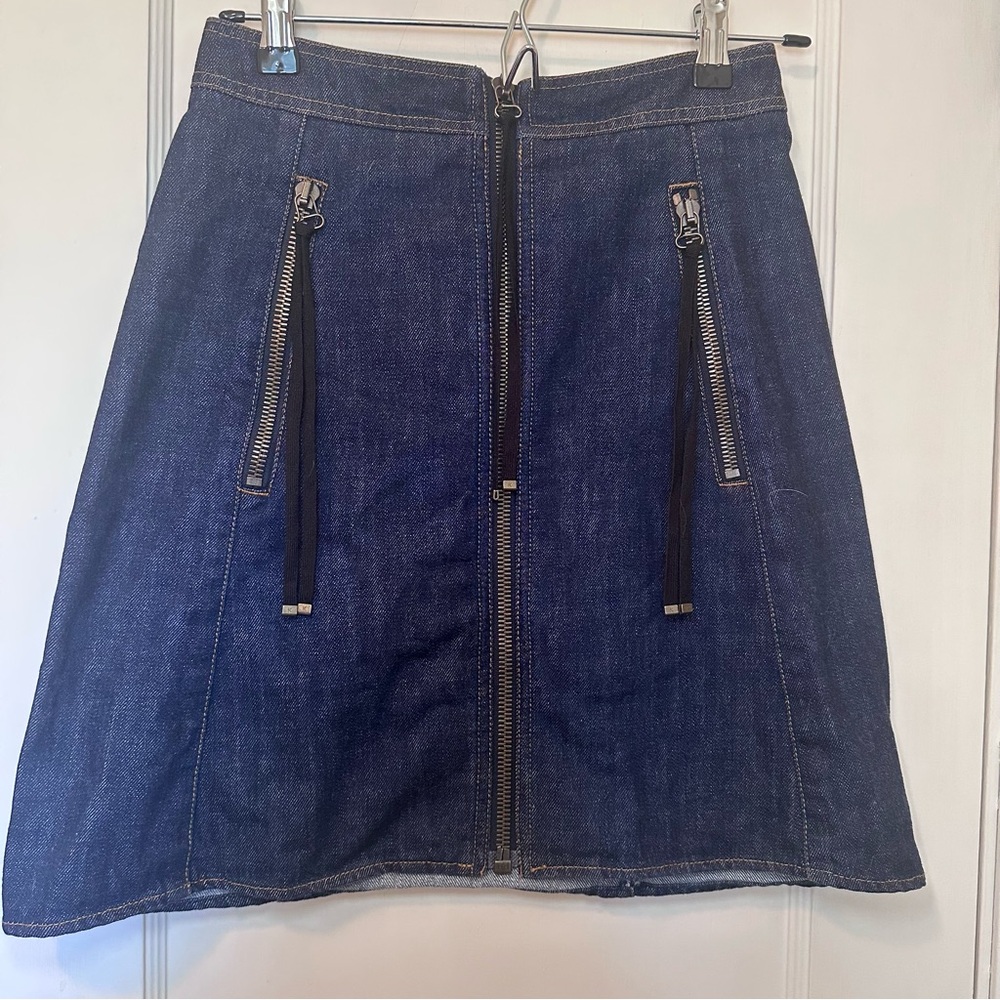 Kenzo Zippered Rigid Denim Skirt, Pockets with Tie Detail, Contrast Stitching